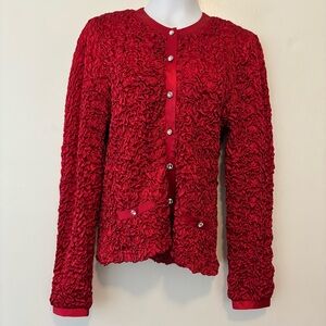 Joseph Ribkoff shiny red stretch ruched jacket women size 8 rhinestone buttons